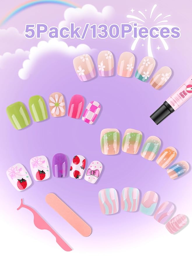 EBANKU 130 Pcs Press on Nail Kids, 5 Pack French Flower Kid Flase Nails Kit with Nail Glue Set Fake Nail for Girls 5-10 Years Christmas Gift Set