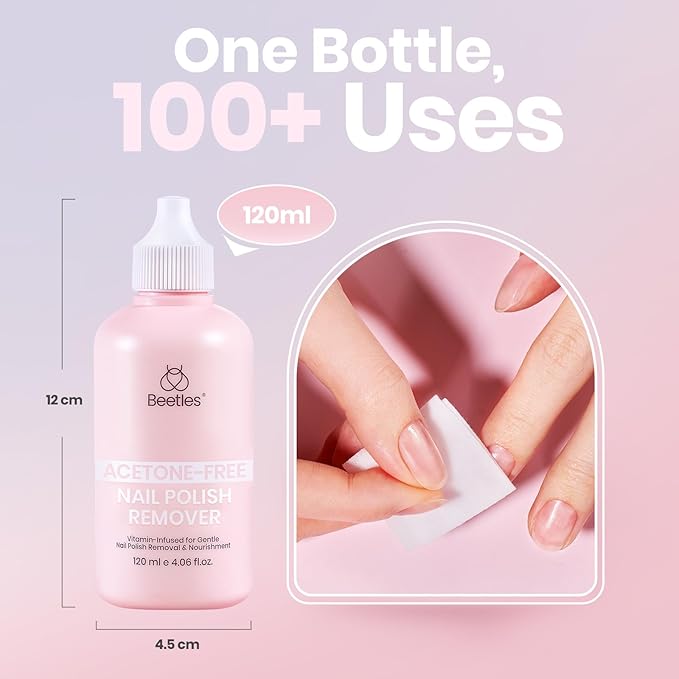 Beetles Non Acetone Nail Polish Remover - 4.06Fl Oz/120ML Nourishing Formula Acetone Free Nail Polish Remover - Non-Drying - Professional Controllable Quick & Gentle Removal for Natural Damaged Nail