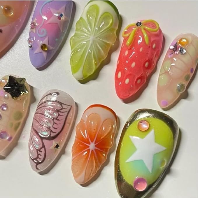 Press On Nails - Medium Almond Handmade Unique Fake Nails, Thick Acrylic and Muti-Layer Gel False Nails, Reusable Gel Cured Sturdier 3D Fake Nails,DIY Art Decorate (Size M)