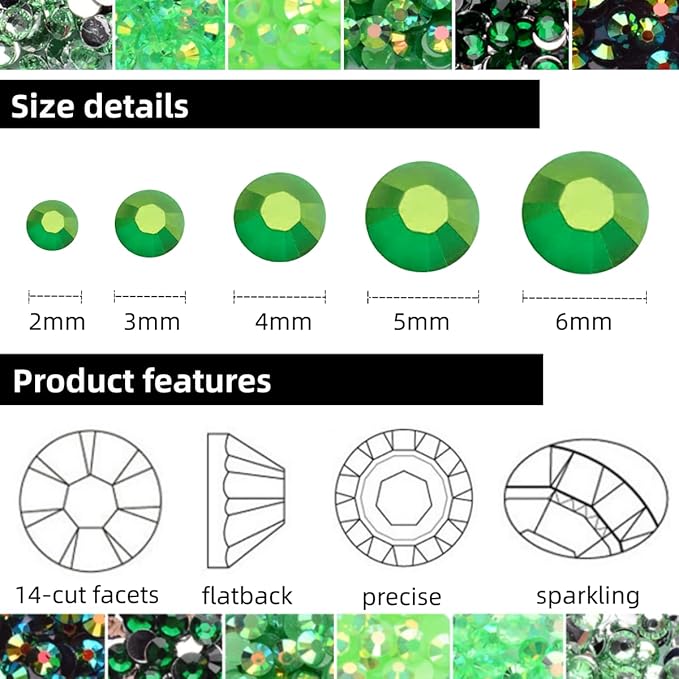 5 Boxes 12420pcs Sparkling Crystal Nail Rhinestones Kit, Flatback Multicolor Transparent Jelly AB Mermaid Gems with Pick Up Pen and Curved Tweezers for Manicure Salon & Craft DIY Designs (Green)