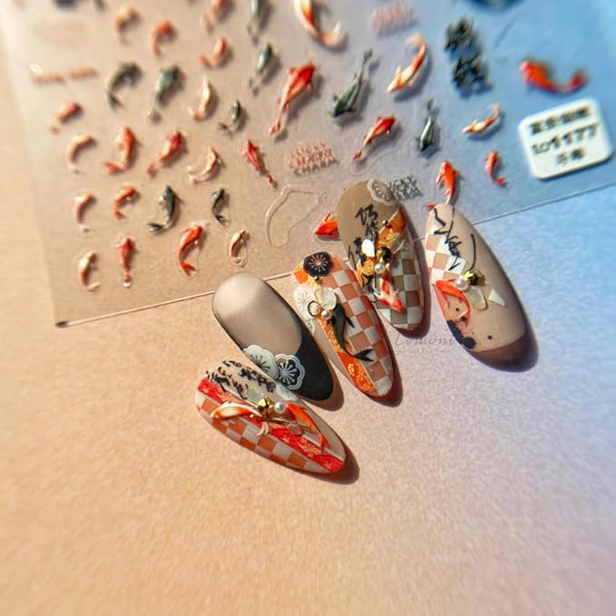 Lucky Fish Nail Art Stickers 5D Koi Nail Decals Embossed Wish Fish Self Adhsive New Year Sticker for Women Girls DIY Nails Manicure Salon (Lucky Fish)