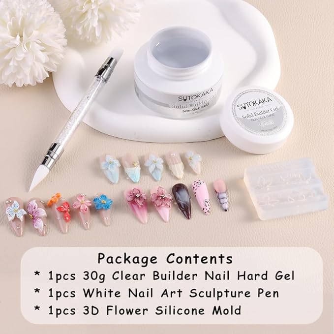 Solid Builder Gel for Nails, 30g Clear Non-Sticky Sculpting Hard Gel for 3D Carving Building Modeling Extension with Flower Silicone Mold, Sculpture Pen Nail Art Salon Home DIY