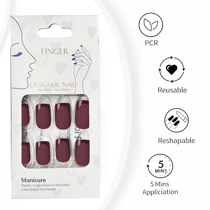 Dark Red Press On Nails Square -Short Red Nails with Glossy French Tips in a Matte Finish 16 Sizes - 32 Nail Kit with Glue