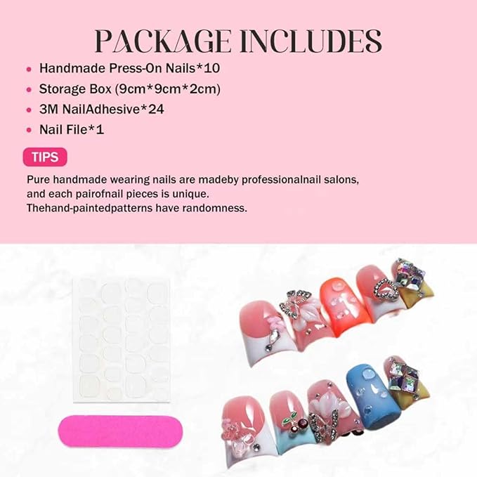 10Pcs Press on Nails Handmade Orange Medium Duck Fake Nails French Tip False Nails 3D Flower Art ＆ Rhinestone Design Muti-Layer Gel Acrylic Nail for Women (Size M)