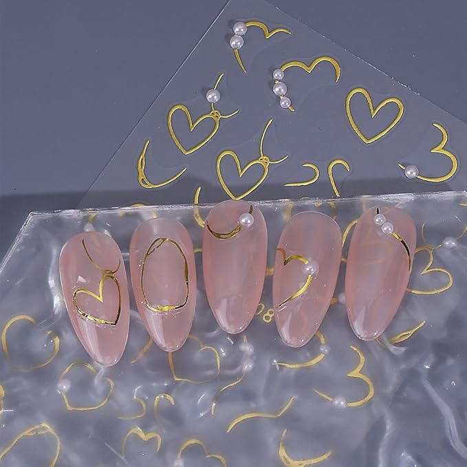 Gold Nail Stickers 5D Embossed Gold Hearts Nail Decals 3D Self Adhesive Key Nail Art Stickers Bow Love Nails Designs Lines Nails Supplies for Women DIY Manicure 3 Sheets