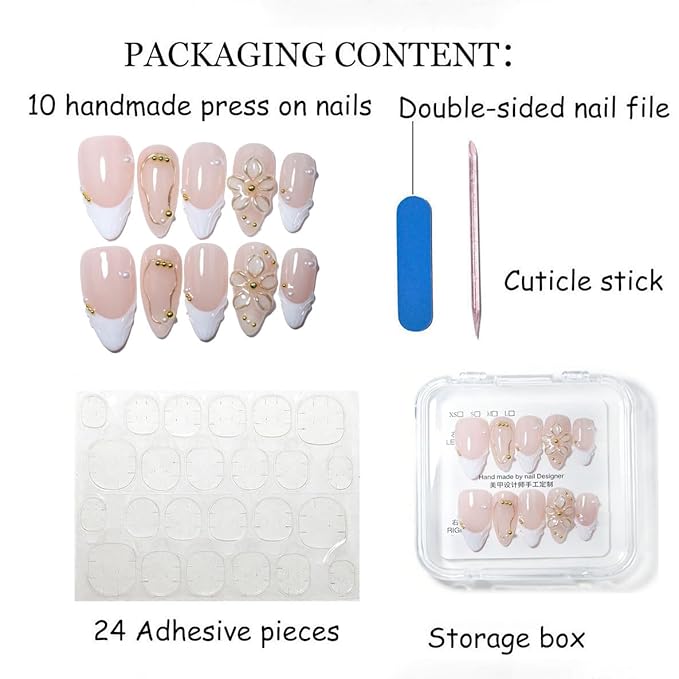10 Medium Almond Handmade Press On Nails | Romantic Nude Pink French Tip Fake Nails with 3D Floral, Gold Line & Pearl Accents | Easy Apply & Remove, Reusable Salon Quality Nails (5U13, M)