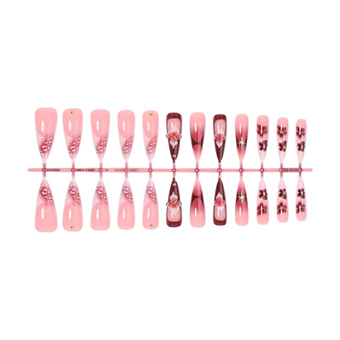 Press on Nails Long Almond Fake Nails French Tip Artificial Nail 3D Flowers Stick on Nail for Women 24pcs