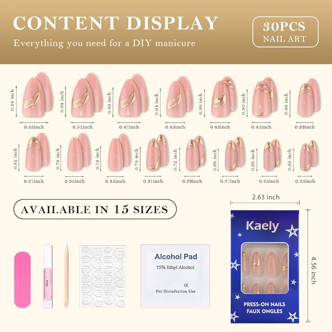3D Glod Line Press on Nails Medium Almond with Design, Nude Pink Glossy Press on Stick on Nails for Women Gift with Kit, Reusable Soft Gel Stick on Cute Fake Arcrylic Nail with Designs Perfectly Fit