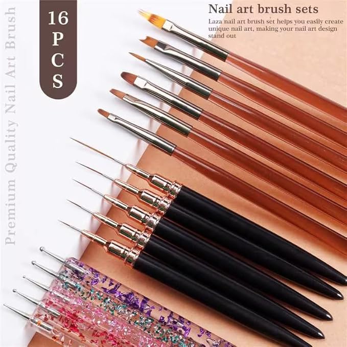 Laza 16pcs Nail Art Brushes, Dotting Tools,Nail Drawing Brush, Nail Art Liner Brushes for Long Lines,Nail Art Tool Set for Salons and Home DIY Manicure Nail Design