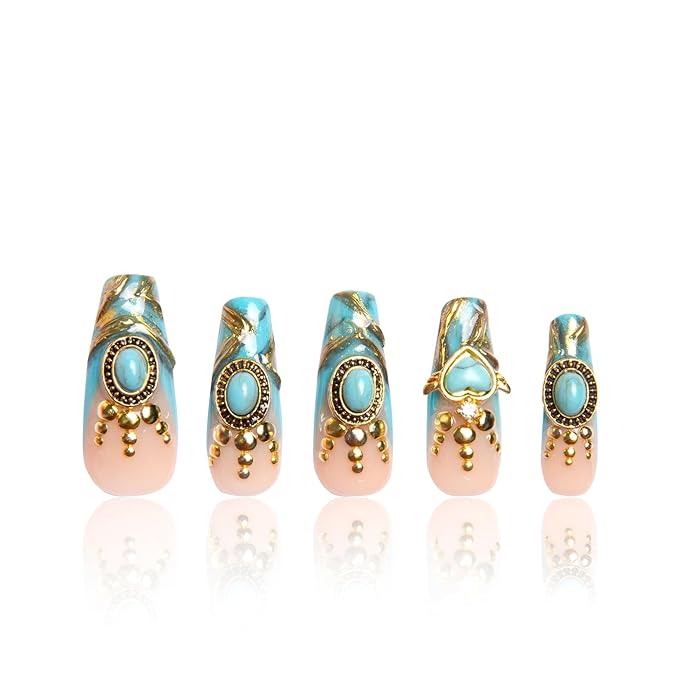 LOVFUL Press on Nails Turquoise Blue French Tip | Handmade with Full Covered Crystals | Reusable Full Cover Nails | Coffin Classic Regular 1.3 in | H122-S