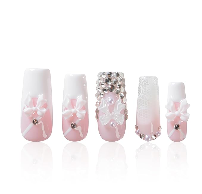 LOVFUL Short French Tip Press on Nails Ribbon Dream | Handmade Acrylic Press ons| Reusable Fake False Nails | Square Classic Regular 1.3in | H720-S