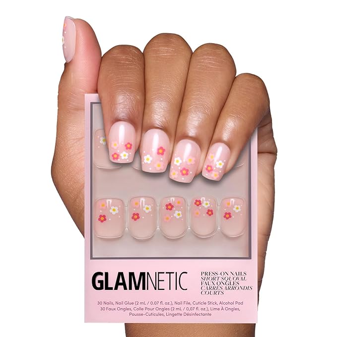 Valentines Day Glamnetic Press On Nails - Pretty Bloom | Glossy, Semi-Transparent Short Squoval Nails with Flower Accents, Salon Quality | 15 Sizes - 30 Nail Kit with Glue