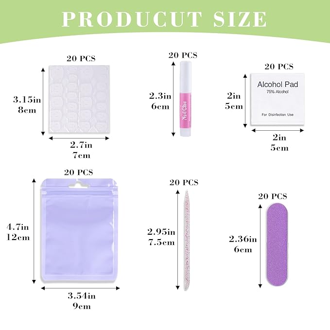 Press On Nail Tool Kit with Everything, Bebbtiy Nail Prep Tool Disposable Manicure Kit with Nail File, Nail Glue, Prep Pads, Adhesive Nail Tabs,Wood Stick, Packaging Ba (20pcs-purple)