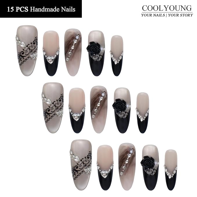 Press On Nails Acrylic Almond Press On Nails Women Gifts 3D Black French Tip Nails COOLYOUNG Fake Nails, 15 PCS, Size L