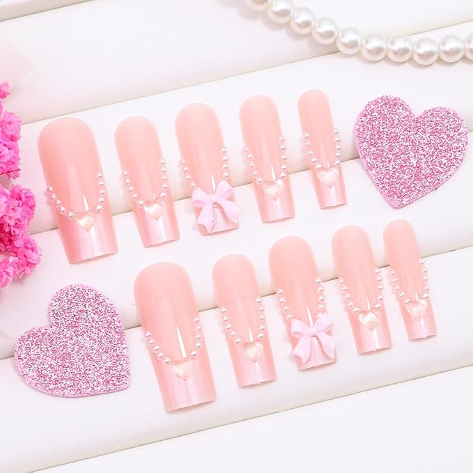 24Pcs Pink French Tip Press on Nails Long Square Fake Nails with 3D Bow Heart Glue on Nails Valentines False Nails Glossy Nude Pink Stick on Nails Cute Bow Acrylic Nails for Women Daily Wear Manicure