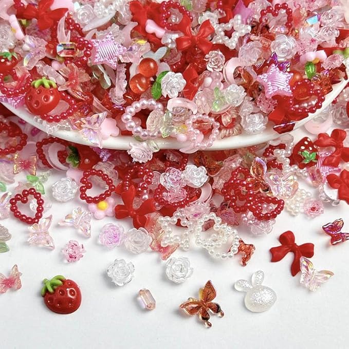 120 Pieces 3D Resin Strawberries, Butterfly Flower Nail Charms, Rose Flower Peach Bow Cherry Rhinestones, Heart Pearls for DIY Nail Art Decoration Making Craft (Red)
