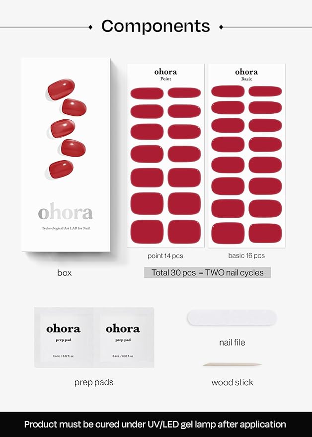 ohora Semi Cured Gel Nail Strips (N Red Light) - Red, Solid, Works with Any UV/LED Lamps, Salon-Quality, Long Lasting, Easy to Apply & Remove - Includes 2 Prep Pads, Nail File & Wooden Stick