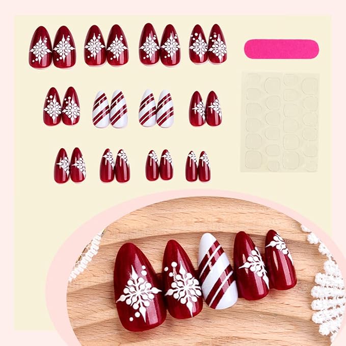 Christmas Red Press on Nails Short Almond Fake Nails Holiday Nails Press ons with Candy Cane Stripes,Snowflake Design Full Cover Stick on Nail for Women Winter Manicure,Reusable | Easy Apply | 24Pcs