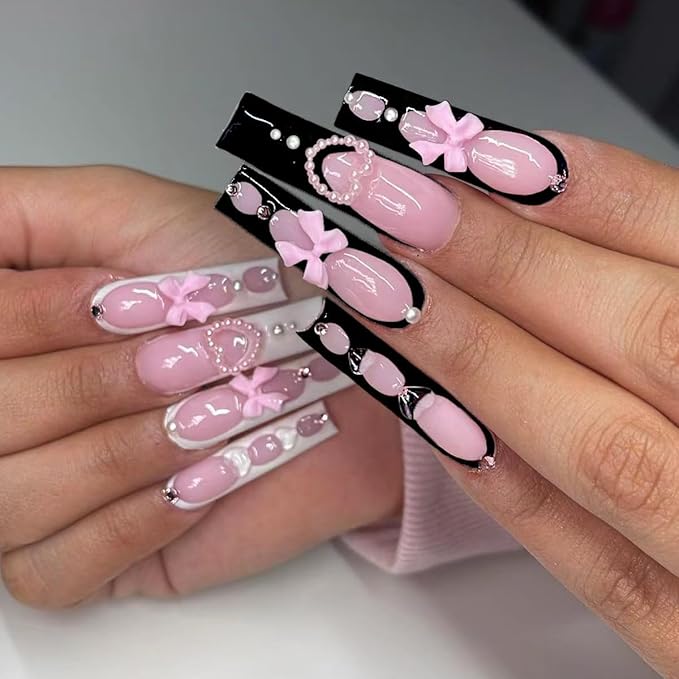 Square Press on Nails Long Black and White Fake Nail Pink Bow with Heart Shape Water Drop Acrylic Nail Press ons Glossy Rhinestones Stick on Nail for Women 24pcs