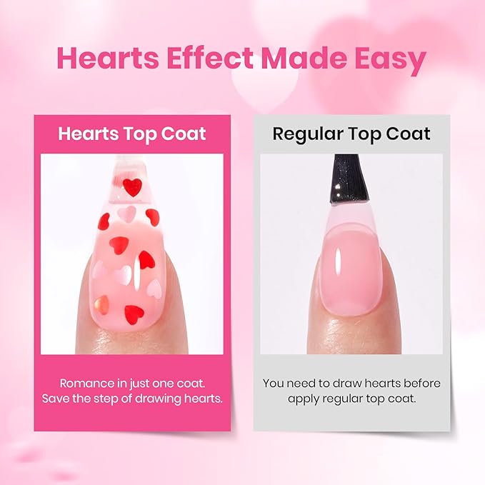 Beetles Spring Limited Heart Gel Top Coat 15ml - Hema Free Glitter Shine No Wipe Top Coat Long-Lasting for Gel Polish, Pink Heart Sparkle Soak Off UV LED Gift for Women