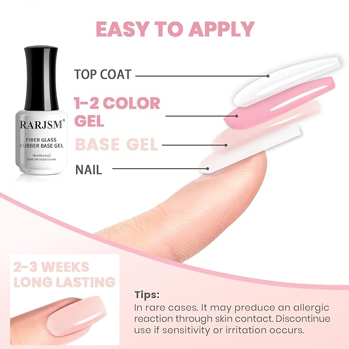 RARJSM Nude Bubble Pink Fiber Glass Rubber Base Gel Nail Polish for Repair Broken Nails StrengthenerGel Base Coat Transparent Brush on Building Gel in a Bottle Soak Off UV LED Curing Requires 15ml
