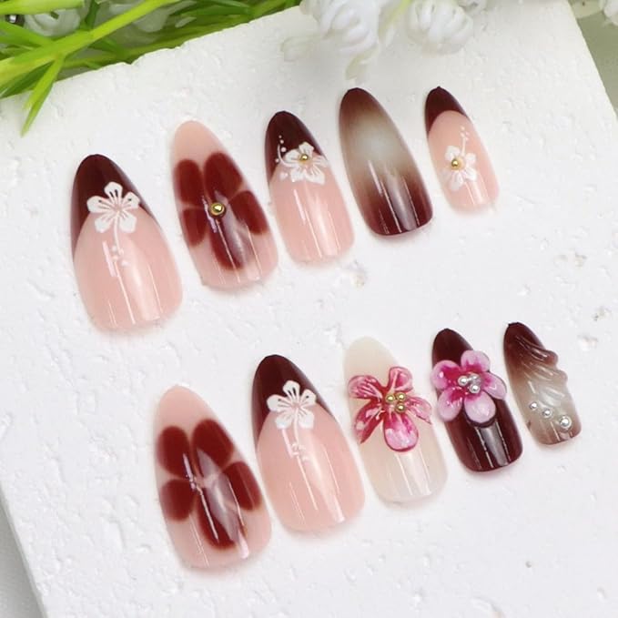 Almond Press on Nails Medium Fake Nails with 3D Flower Gold Pearl Designs French Tip Nails Press ons Pink Acrylic Nail Glossy Glue on Nail Gradient Stick on Nail for Women 24 Pcs