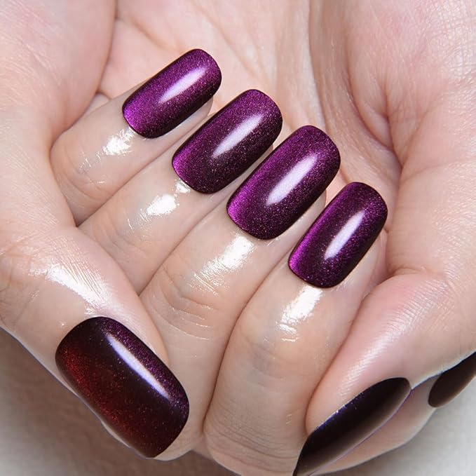 evpct Purple Blue Metallic Cat Eye Press on Nails Square Medium, Stick on Nails Medium Length Square for Women, Purple Metallic Nail press ons, Iridescent Glitter Halloween Acrylic Fake Press on Nail