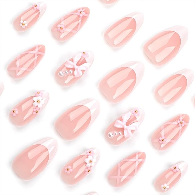 Bow Press on Nails - Almond Fake Nails Press ons - Flower Pink False Nails with Designs 3D - Acrylic French Tip Glue on Nails - for Women Stick on Nails 24Pcs