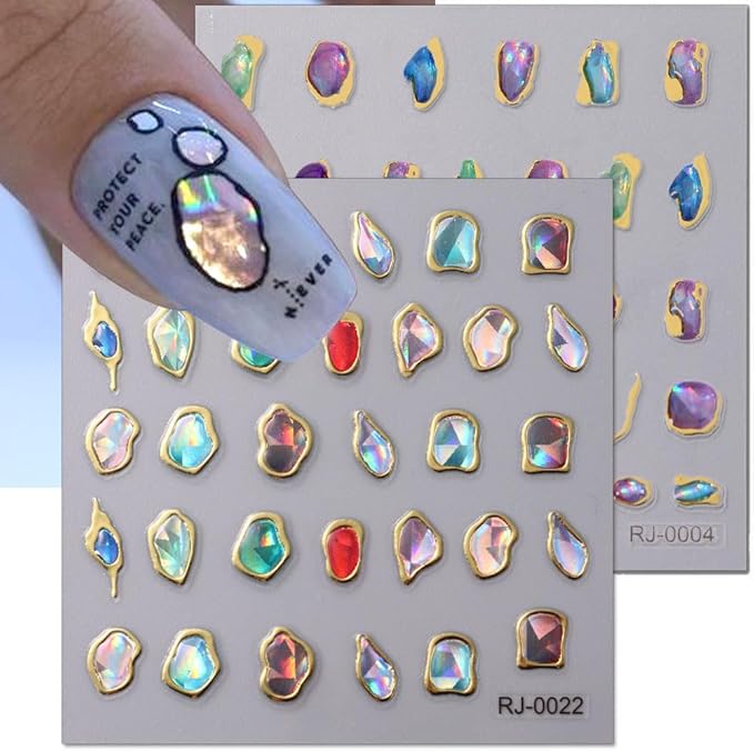 6Sheets 5D Embossed Stickers, Crystal Soft Glue Irregular Gems, Geometric Frame Art Stickers, Jelly Rhinestones Heart Star Decals, Moon Sun Cloud Nail Designs