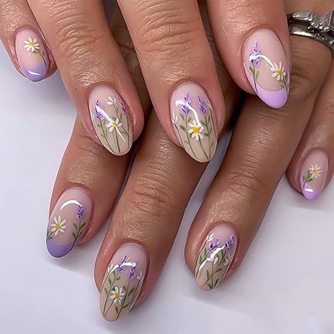 evpct Nude Pink Press on Nails Medium Almond with Lavender Flower Design, Full Cover Fake Nails Reusable Perfect Fit Nail Kit with Gel, Gel Stick on French Floral Nail for Women Manicure, 24Pcs