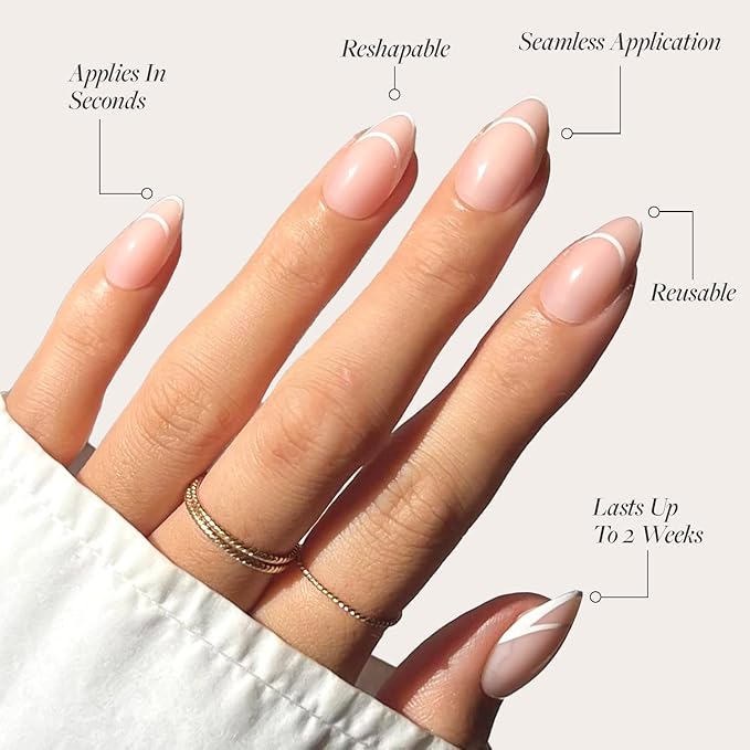 Glamnetic Press On Nails - Heavenly | Semi-Transparent Neutral Nude Trendy French Tip Short Almond Fake Nails, Salon Quality | 15 Sizes - 30 Nail Kit