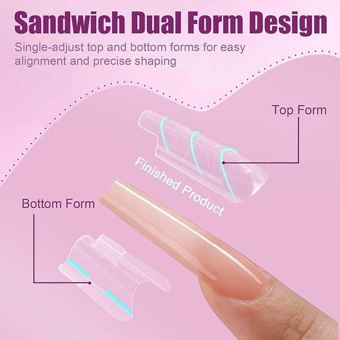 280 Pcs Original Sandwich Nails Dual Form with Guide Lines Short Coffin Nail Mold for Builder Gel Nail Extensions Art Design Salon DIY at Home