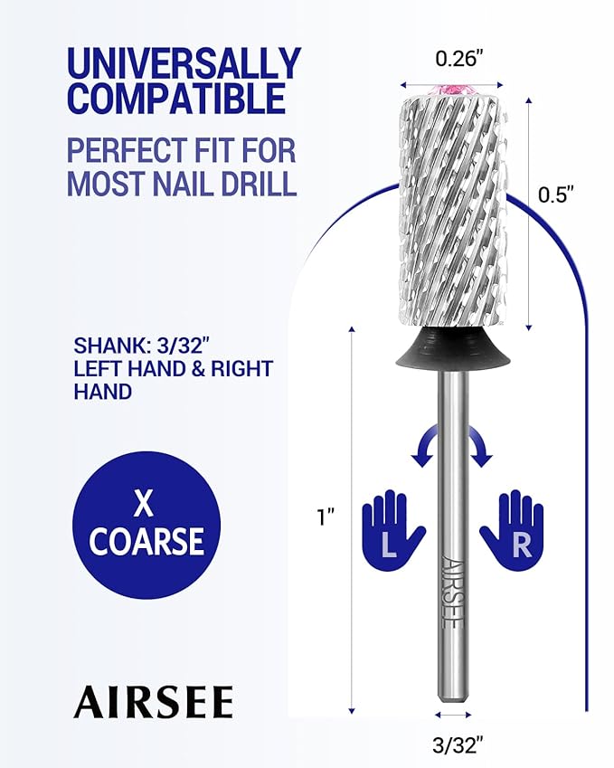 AIRSEE Tungsten Carbide Acrylic Nail Drill Bit Efile Electric File Machine Head Tip for Manicure Polishing Art Remove Gel 3/32" 2 Way Beginner Safety Pink Crystal Top Barrel Extra Coarse-XC