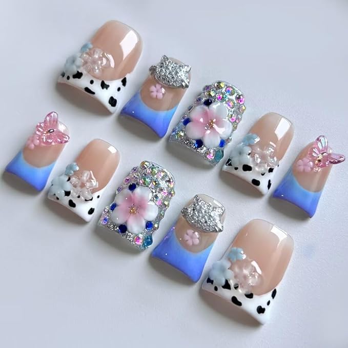 Press On Nails - Handmade French Duckbill Shape Nails, Cute 3D Butterfly and Floral Fake Nails, 10 Pcs Reusable Artificial Sparkling Diamonds False Nails for Women (Size S)