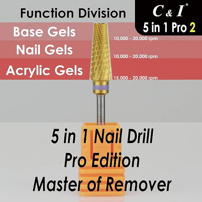 C & I 5 in 1 Nail Drill Bit, Mixed Sizes Edition, Cross Teeth, 2 Way, Professional Multi-function Nail Drills for Electric Manicure Drill Machine, Shank 3/32” (Pro2)