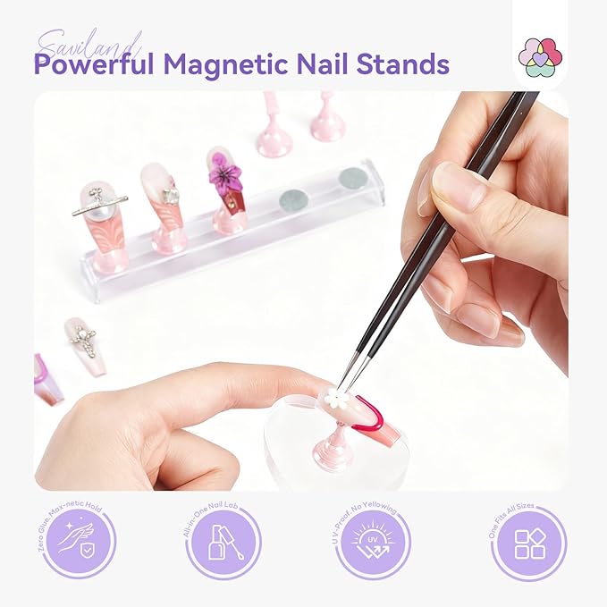 SAVILAND Nail Stand for Press On Nails: 1 Heart Shaped Acrylic Magnetic Nail Holder for Painting Nails 2 Sets Nail Stand False Nail Tips with 200 Double-Sided Tape Home DIY Nail Art Tool Beginner