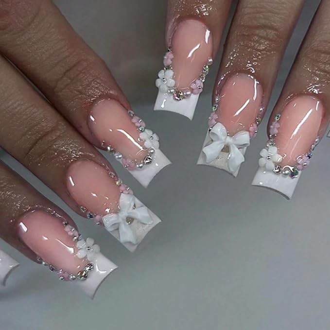 White French Tips Press on Nails - Long Square Fake Nails - Bow Charm Design - 3D Flower Rhinestone Stick on Nail Nude Pink Glue on Nails Glossy Summer False Nail for Women Manicure 24Pcs