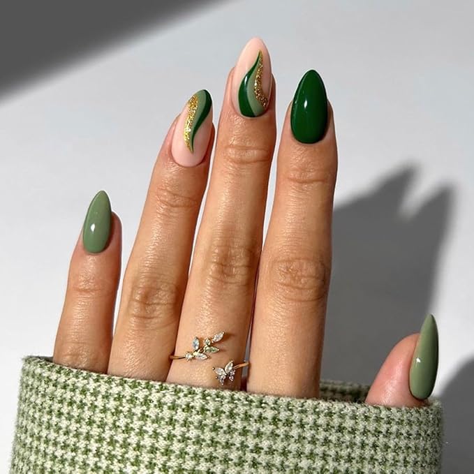 Press on Nails Green - Medium Almond Fake Nails with Gold Foil Design - Christmas, Glossy Full Cover Stick on Nails - for Women 24 Pcs