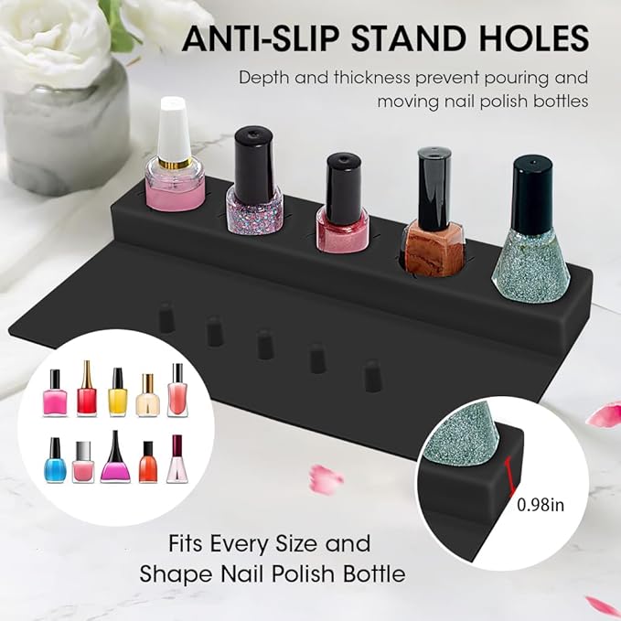 Nail Polish Holder,Silicone Hand Rest Mat Fingernail Painting Tools 2 in 1 Art Accessories Organizer Case Set with Anti-Spill Bottle Stand and Finger Separators for Pedicure Manicure(Black)