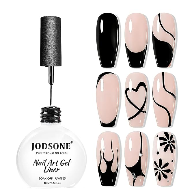 JODSONE Black Swirl Nail Art Liner Gel Polish,10ml Classic Color 3D Nail Art Pens Effect Nail Print Design with Thin Brush for French Tips Manicure Painting DIY at Home - LB01