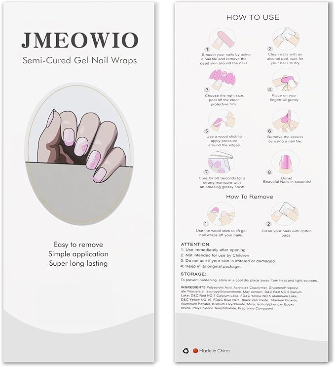 JMEOWIO Gel Nail Stickers Pink Glitter White Flower French Tip Semi Cured Gel Nail Strips Wraps UV/LED Nails Art Design Decoration Accessories