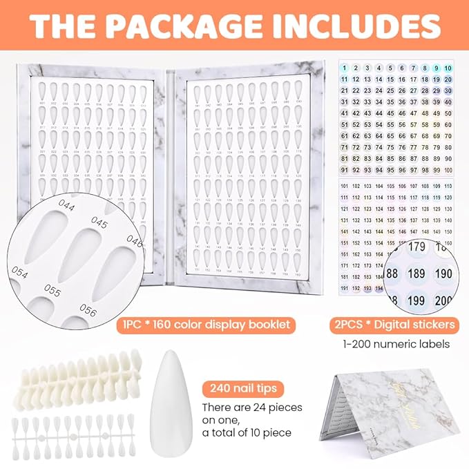 160 Nail Color Display Book with 240 Nail Tips and 1-200 Number Labels, Gel Polish Colors Card Board Professional Color Swatches Book