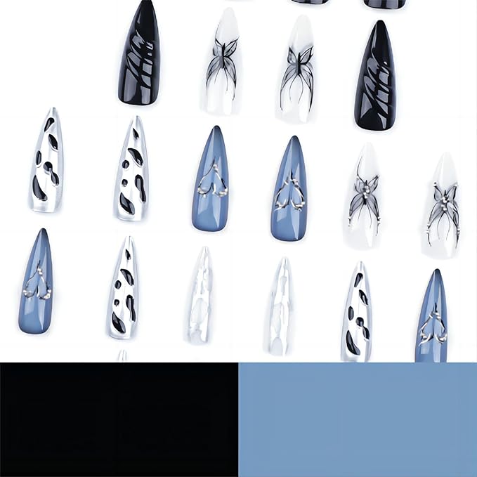 xl Almond Press on False Nails Long Tip Nails Press Ons Black Metallic Butterfly with Pearls Design Fake Nail Full Cover Gel False Nail Kit for Wemons 24pcs