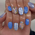 Blue Press on Nails Short Oval Fake Nails Spring Summer Nails Press ons with Blue Gingham,Polka Dot Design,Reusable Artificial Nails Full Cover Stick on Nails for Women Manicure 24Pcs