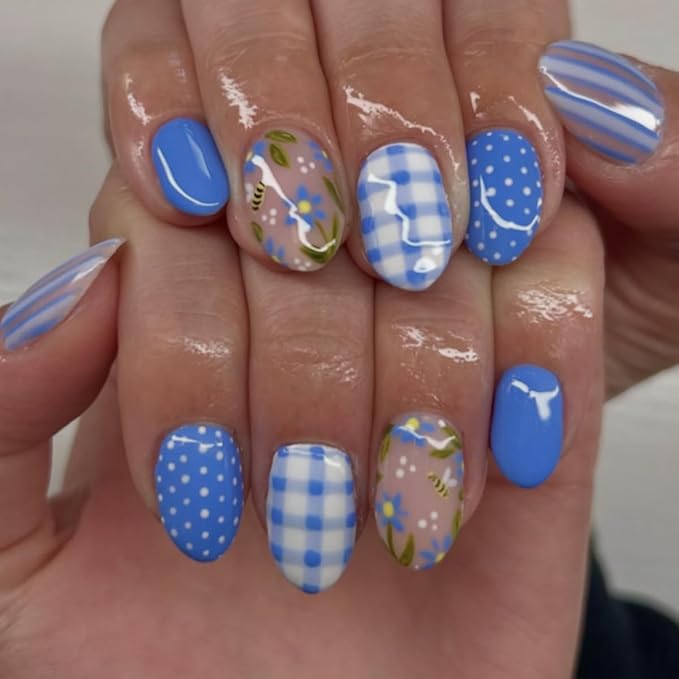 Blue Press on Nails Short Oval Fake Nails Spring Summer Nails Press ons with Blue Gingham,Polka Dot Design,Reusable Artificial Nails Full Cover Stick on Nails for Women Manicure 24Pcs