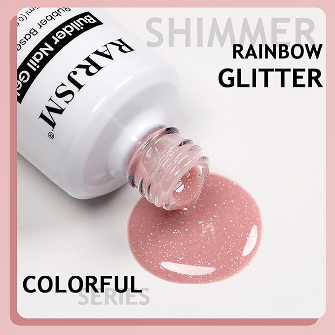 RARJSM Glitter Rubber Base Gel Nail Polish Nude Berry Pink Rubber Base Rainbow Iridescent Shimmer Brush on Quick Extend Builder Hard Gel Soak Off Curing Requires 15ml Salon Home French Manicure