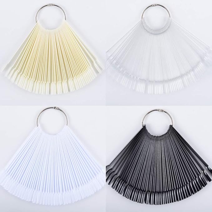 200 Pcs False Nail Sticks with Display Board - Fan-shaped, Transparent, Black, Natural, Milky Color Options - Includes Square Nails