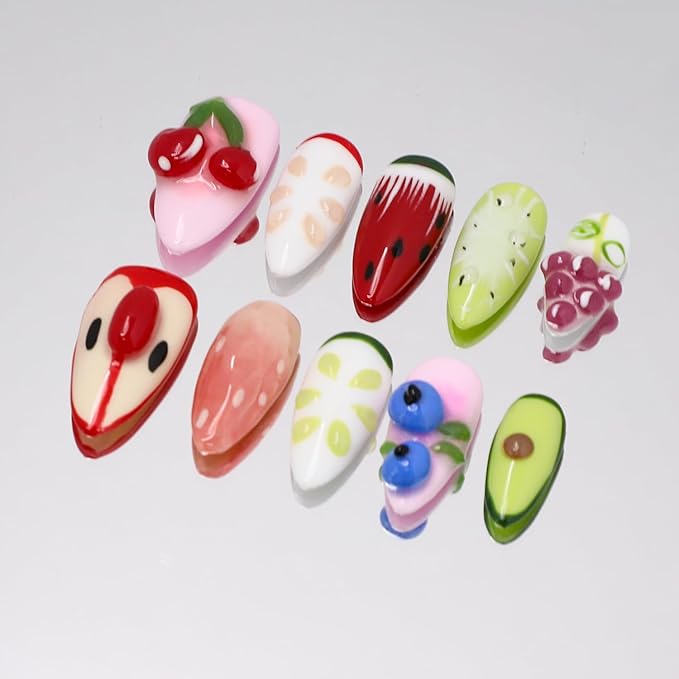 Handmade Press on Nails Medium Almond Nails Thick Fake Nails with Glue,Cute 3D Fruit Art False Nails with Designs Colourful Nails Reusable Nature Stick on Nail for Wome (Size S)