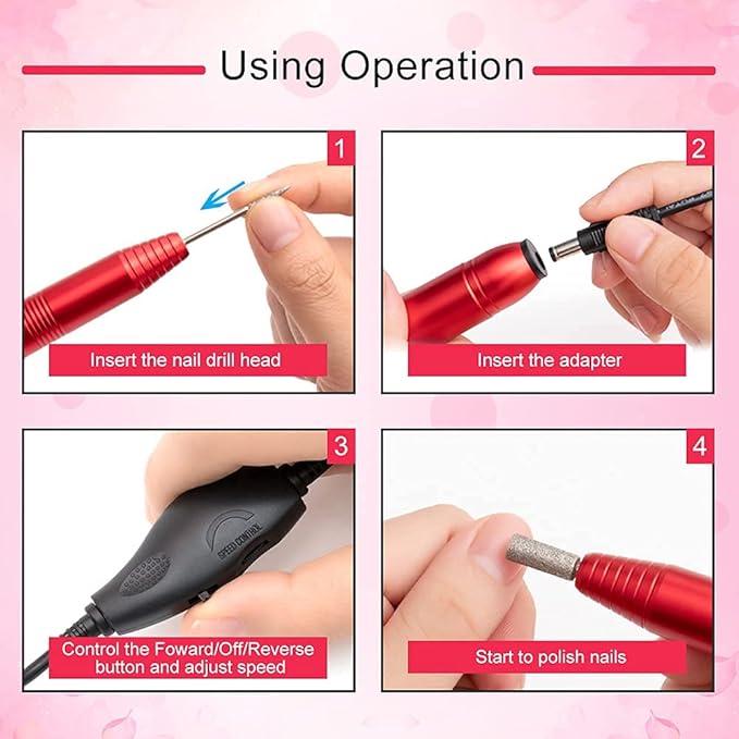 20000 RPM Electric Nail File Kit Portable Nail Drill Machine Professional Manicure Pedicure Kit with Sanding Bands,Nail Drill Bits and Brush for Acrylic Gel Nails-Red