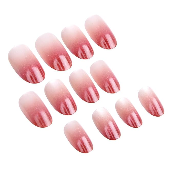 Ombre Press on Nails - Short Oval Red Ombre Fake Nails Press ons with Cat Eye Designs, Glossy Acrylic Nails Full Cover Reusable Glue on Nails for Women Manicure 24Pcs
